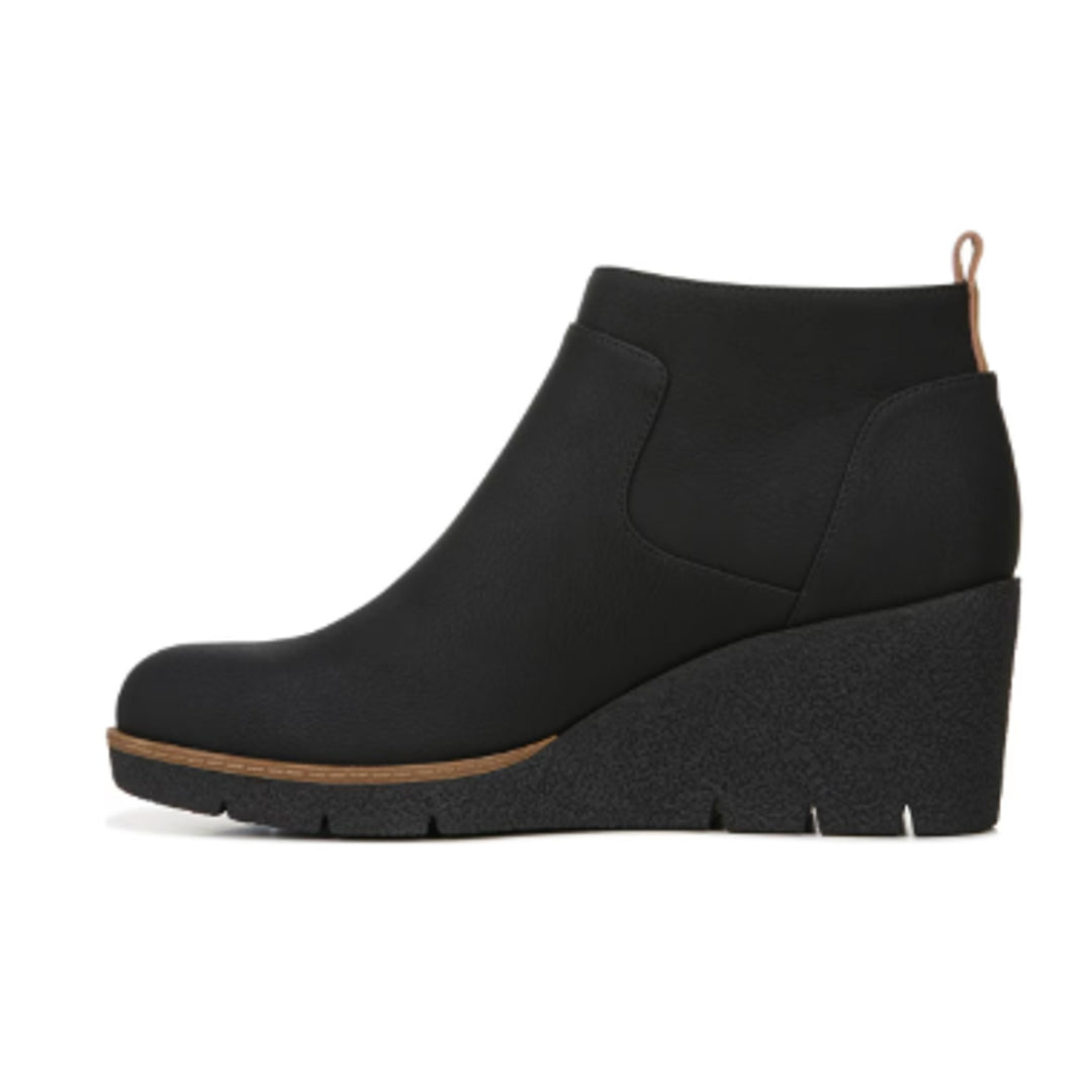 New In Box Dr Scholls Womens Size 8 Black Faux Leather Bianca Wedge Bootie Shoes