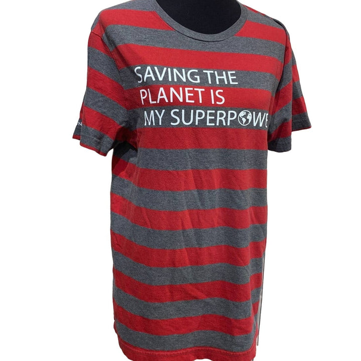 Hand Printed Upcycled Large Red Striped Saving the Planet is My Superpower Tee