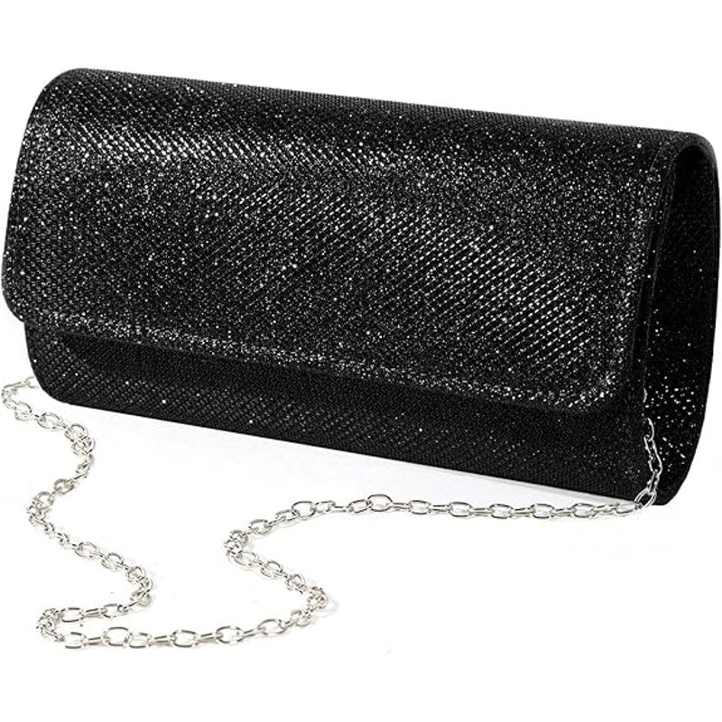 LovyoCoCo Black Silver Glitter Evening Clutch Purse Bag w Shoulder Chain