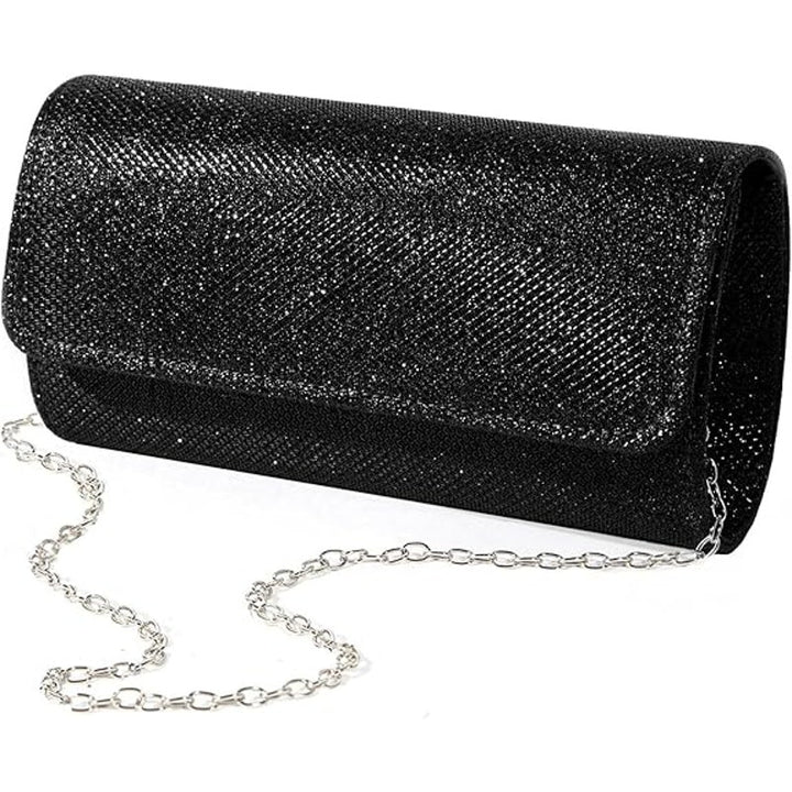 LovyoCoCo Black Silver Glitter Evening Clutch Purse Bag w Shoulder Chain