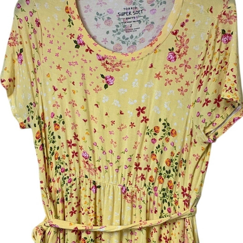 Torrid Womens Size 2 (18-20) Yellow Floral Short Sleeve Fabric Belt A Line Dress