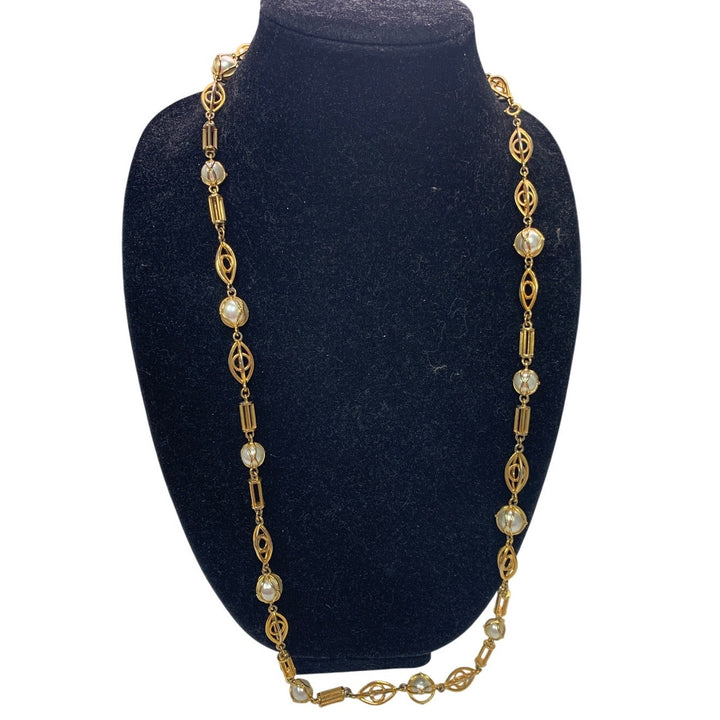 Vintage 33" Faux Pearl Art Deco Long Gold Toned Chain Link Necklace