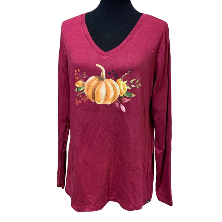 Hand Printed Upcycled XL Pumpkin Autumn Flower Bouquet Long Sleeve V-Neck Tee