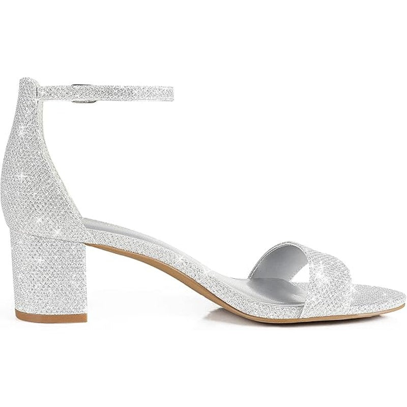 Pizz Annu Womens Size 7.5 Silver Glitter 2" Block Heel Ankle Strap Sandal Shoes