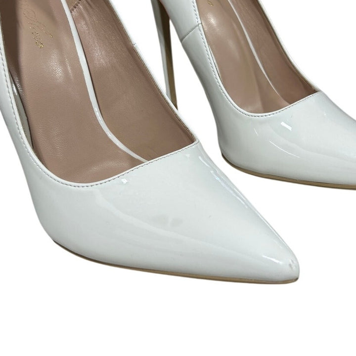 Genshou Womens Size 7 White Patent Leather 5" Heel Pointy Closed Toe Pumps Shoes