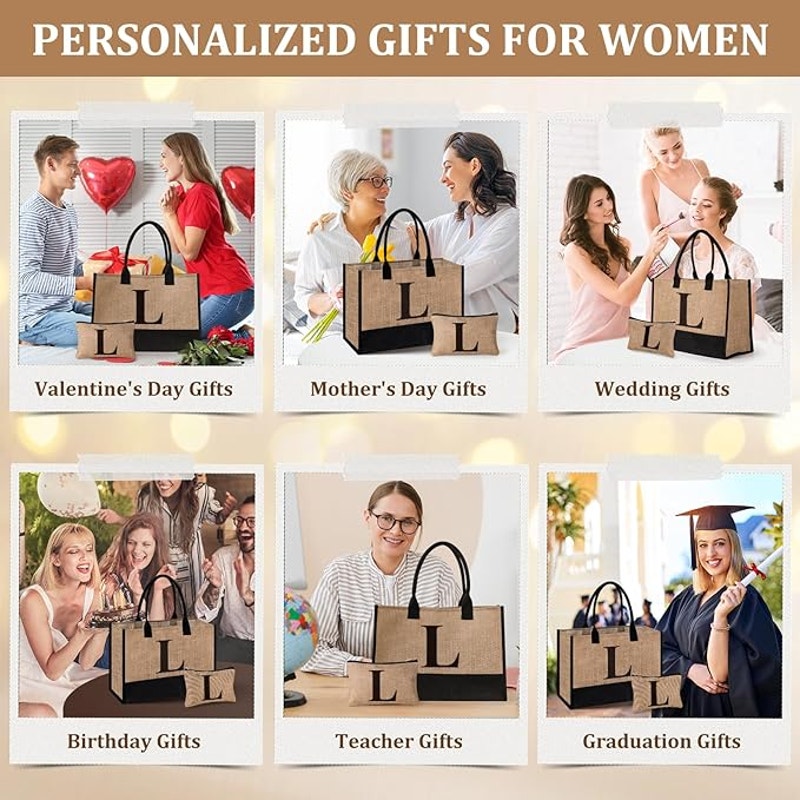 New Itotegifts Initial "L" Large Jute Tote Bag With &amp; Makeup Bag Zipper Pouch