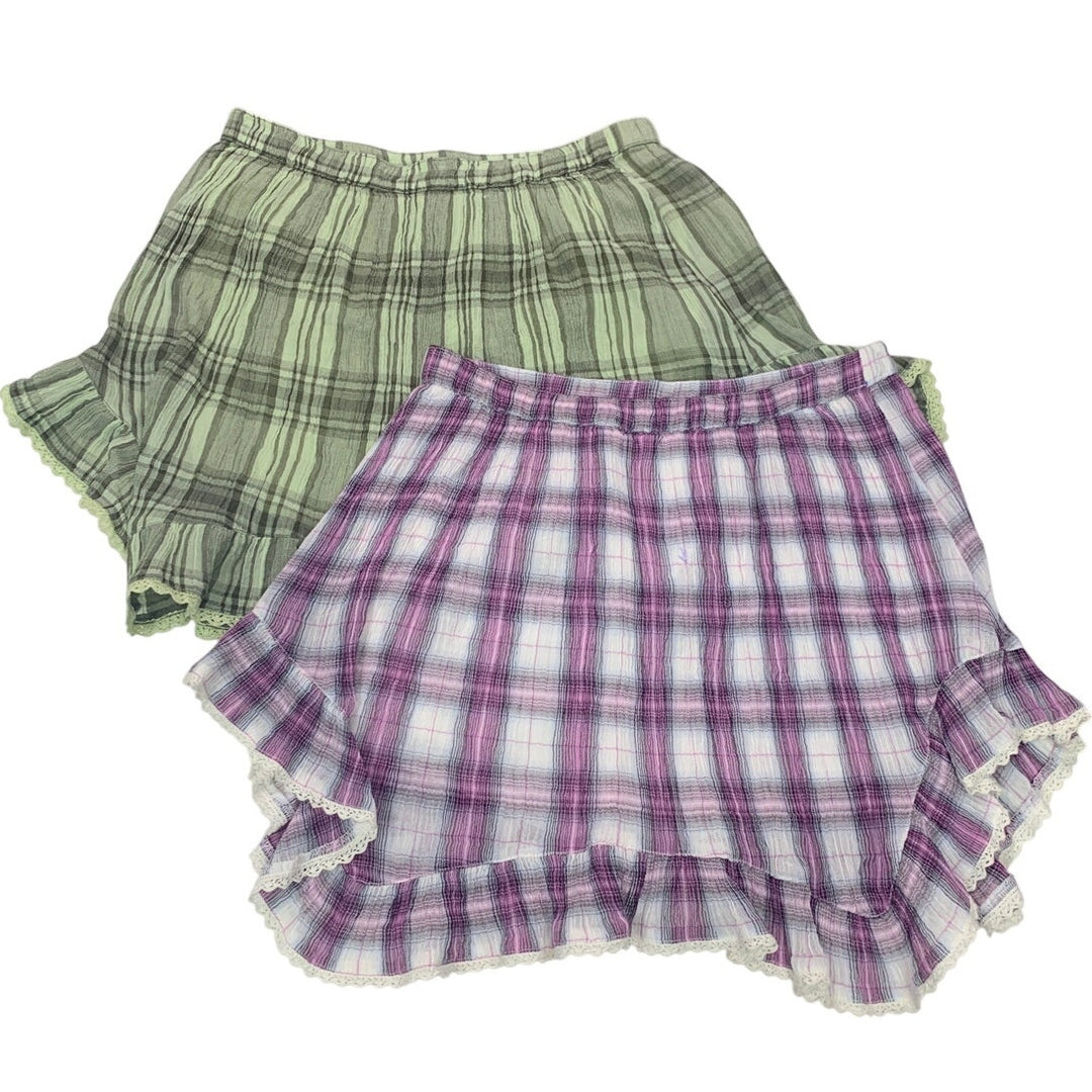 Lot of 2 New Aerie Womens Small Green Purple Plaid Lace Trim Flowy Skorts