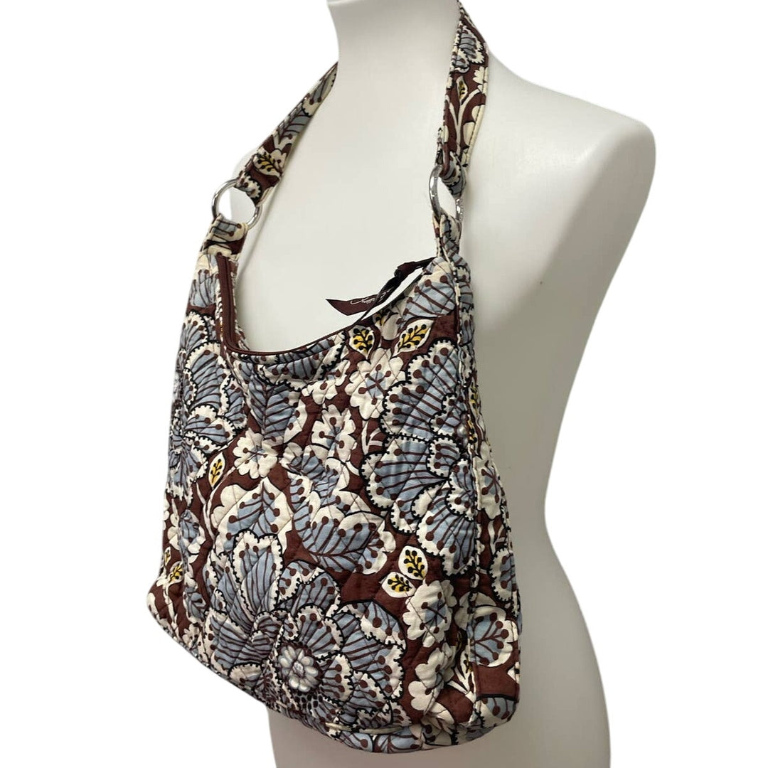 Vera Bradley Brown Blue Floral Quilted Fabric Handbag Purse Inside Pockets