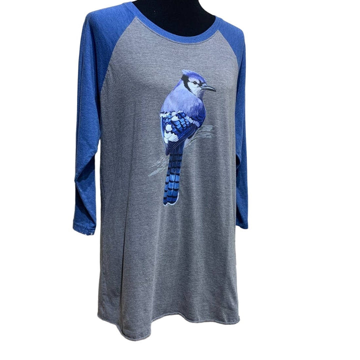 Upcycled Hand Printed Womens Large Blue Jay Bird Long Sleeve Baseball Tee