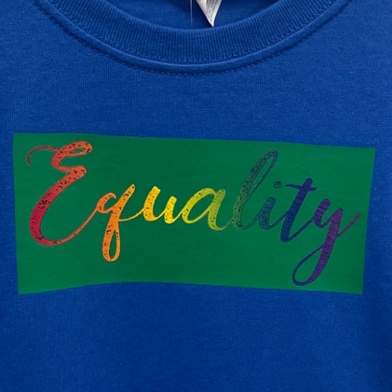 New Hand Printed Upcycled Youth Kids XS Rainbow Equality Short Sleeve Tee Shirt