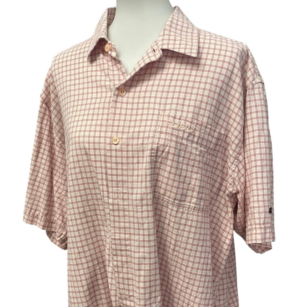 Vintage 1990s FUBU Mens XL Short Sleeve Cotton Blend Button Up Shirt Small Hole