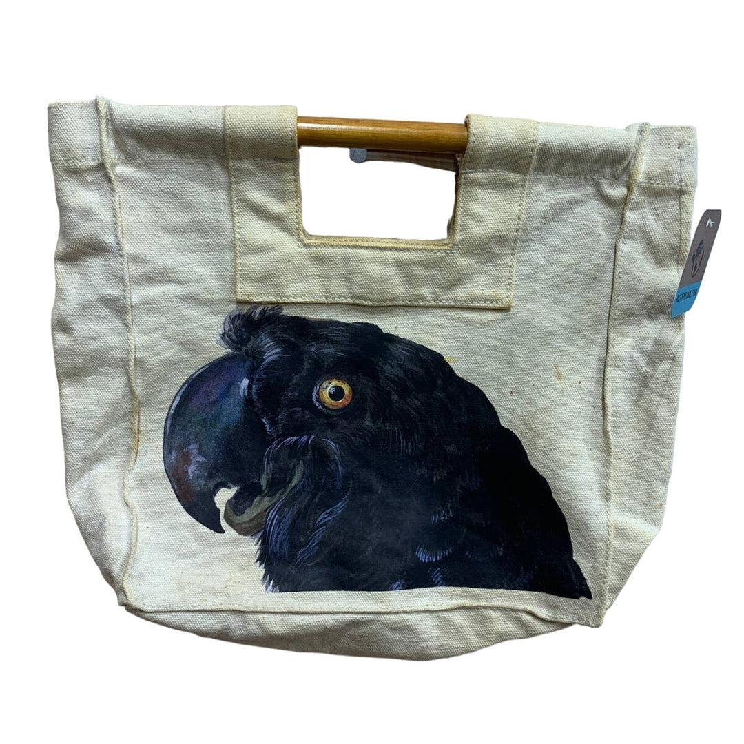Upcycled Hand Printed Black Parrot Canvas Tote Bag Ukraine Artist Fundraiser Tee