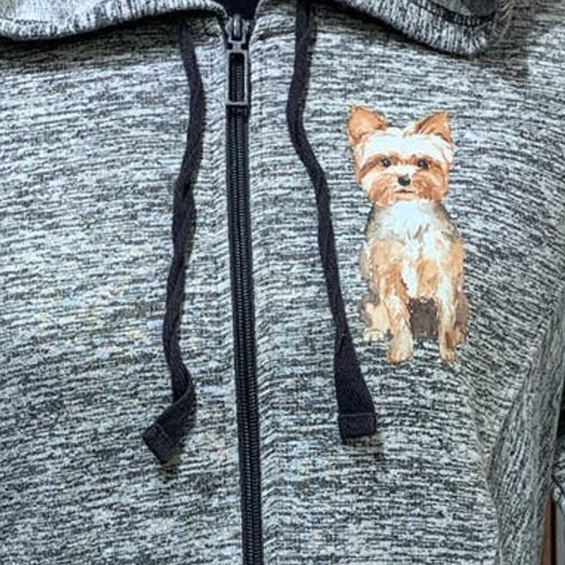 Upcycled Hand Printed Petite Large PL Yorkie Yorkshire Terrier Puppy Dog Hoodie