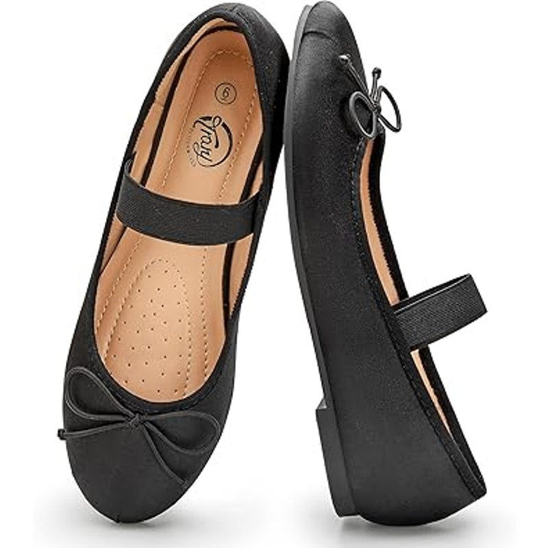 Trary Womens 6 Black Satin Elastic Strap Bow Slide On Closed Toe Ballet Flats