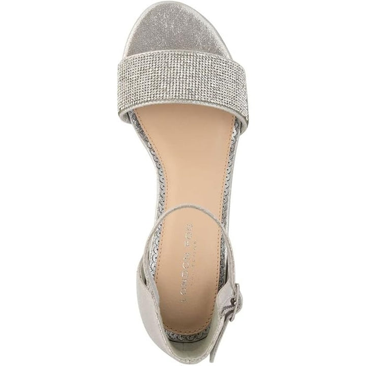 New London Fog Womens 6.5 Silver Blingy Nikki 2" Heel Open Toe Ankle Strap Shoes