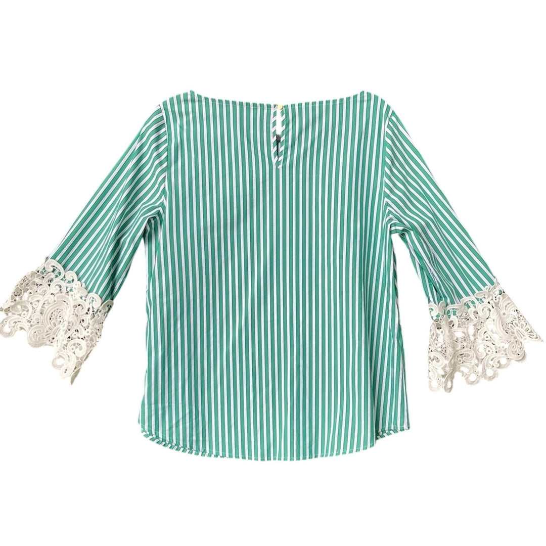 New Liz Claiborne Womens Medium Botanical Bliss Striped Lace Half Sleeve Blouse