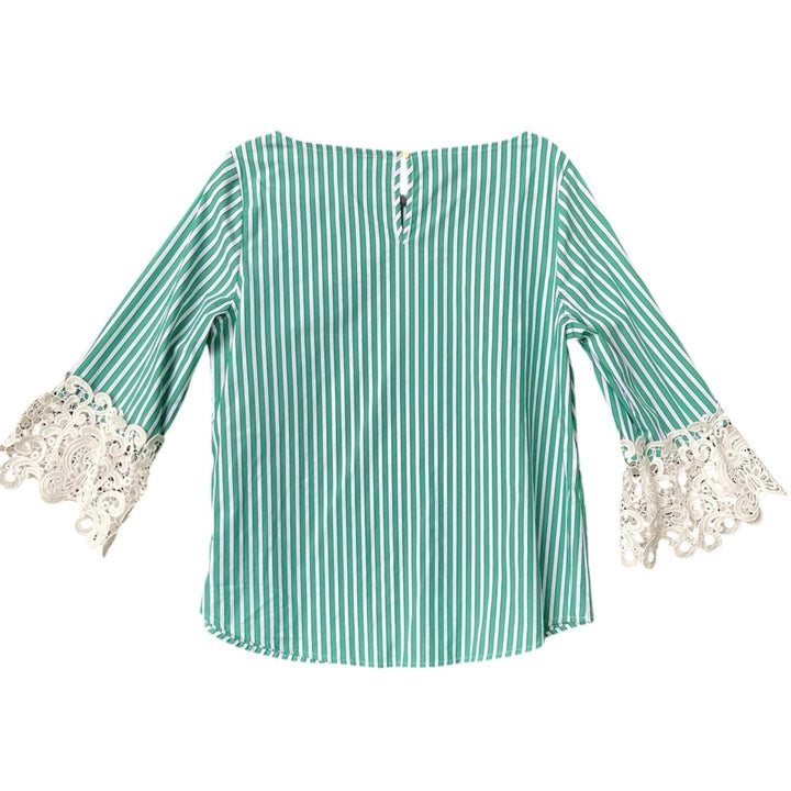 New Liz Claiborne Womens Medium Botanical Bliss Striped Lace Half Sleeve Blouse