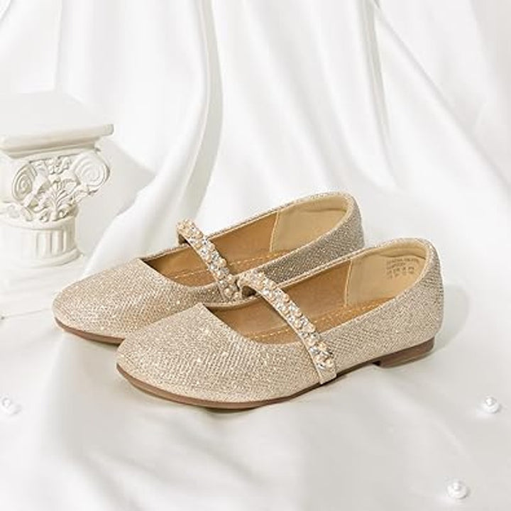 Dream Pairs Big Girls Size 4 Gold Glitter Beaded Mary Jane Ballet Flats Shoes