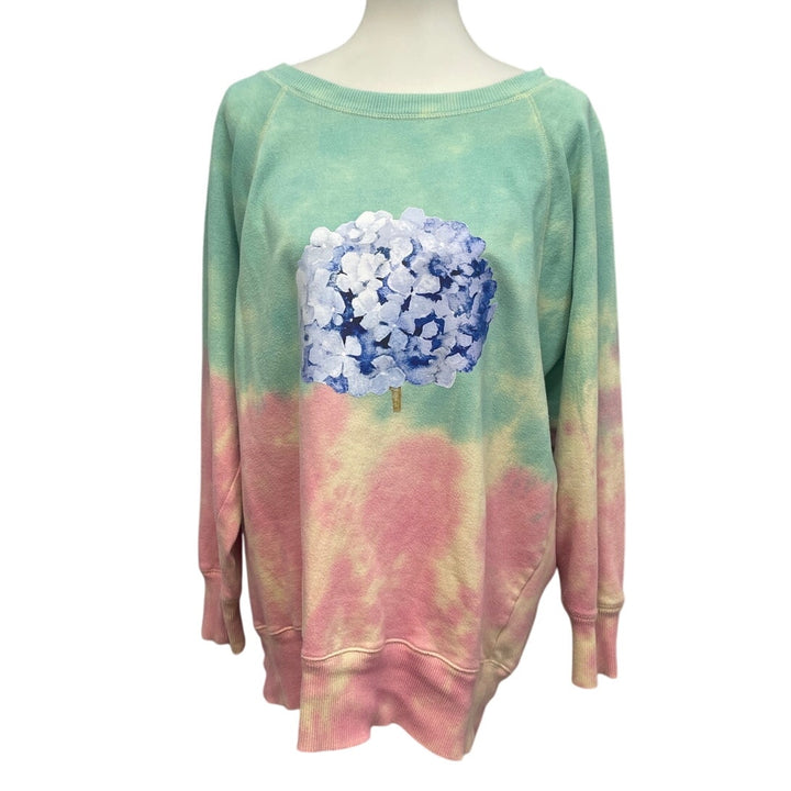Hand Printed Upcycled Womens Large Hydrangea Tye Dyed Long Sleeve Sweatshirt