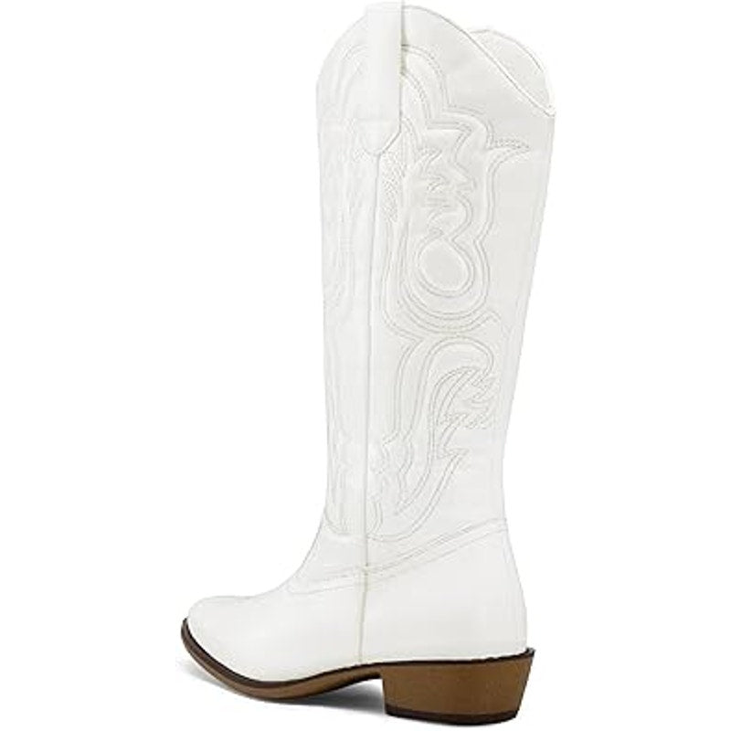 MySoft Womens Size 6.5 White Faux Leather 1.5" Chunky Heel Mid Calf Cowboy Boots