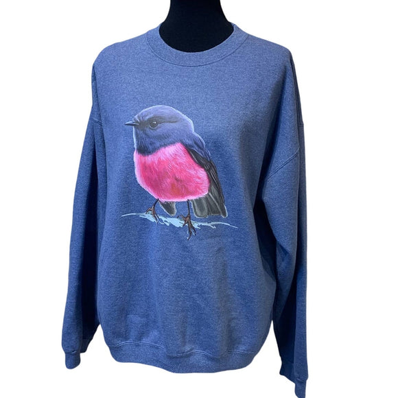 Upcycled Hand Printed Mens Large Pink Robin Bird CrewNeck Long Sleeve Sweatshirt