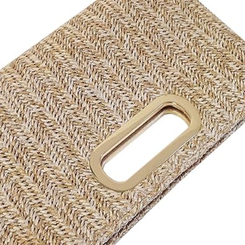 New Tan Gold Accent Optional Chain Top Handle Straw Clutch Purse Handbag Bag