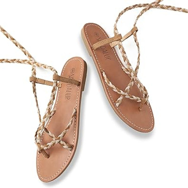 Sandalup Womens Size 8 Tan Strappy Braided Tie Up Sandal Open Toe Shoes