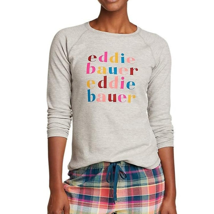 New Eddie Bauer Womens Heather Gray Thermal Long Sleeve Raglan Crew Logo Tee