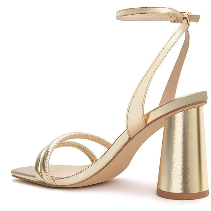Viciously Vixen Womens 7 Shiny Gold 4" Block Heels Open Toe Ankle Strap Shoes