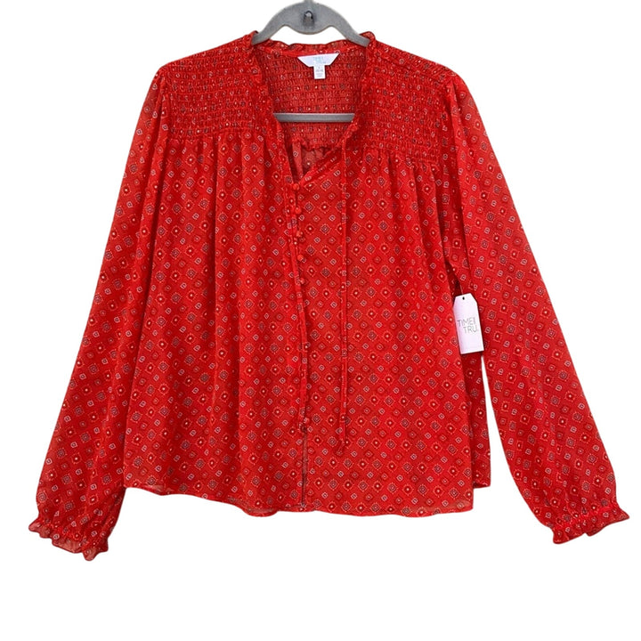 NWT New Time &amp; Tru Womens Large Button Up Front Tie Long Sleeve Sheer Blouse