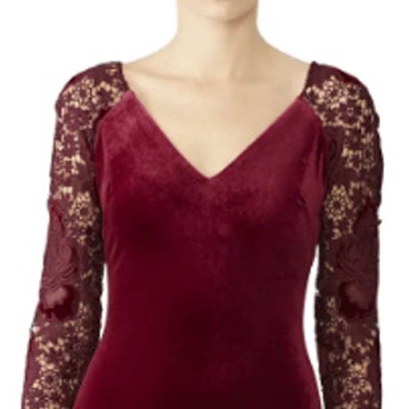 Badgley Mischka Size 8 Red Velvet Long Lace Sleeve Knee Length Sheath Dress Gown