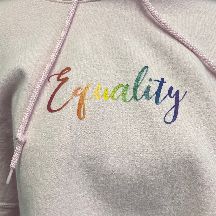 Hand Printed Upcycled Womens XL Equality Rainbow LGBTQ Cropped Cutoff Hoodie