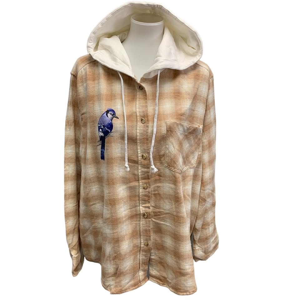 New Hand Printed Womens XXL Blue Jay Bird Plaid Flannel Long Sleeve Hoodie