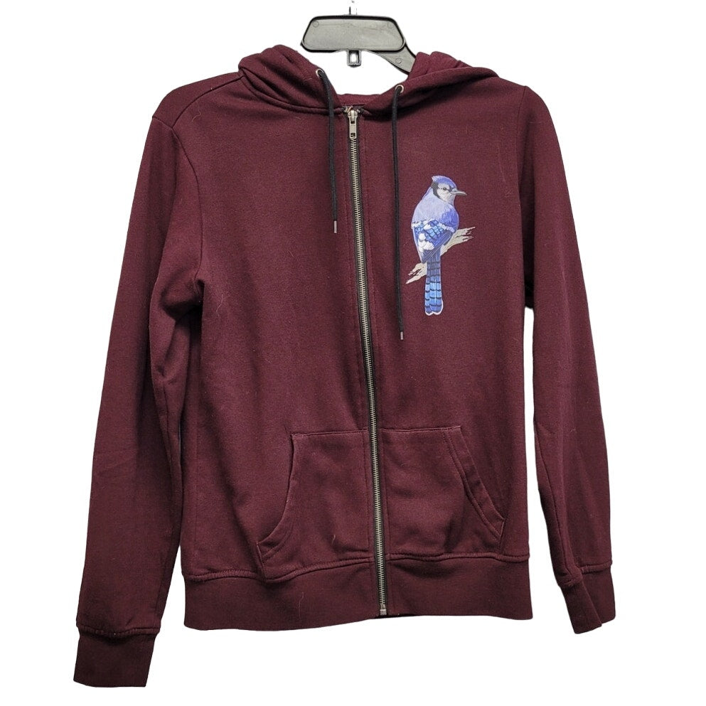 Hand Printed Upcycled Mens Medium Long Sleeve Full Zip Blue Jay Hooded Jacket