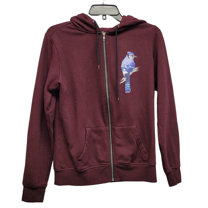 Hand Printed Upcycled Mens Medium Long Sleeve Full Zip Blue Jay Hooded Jacket