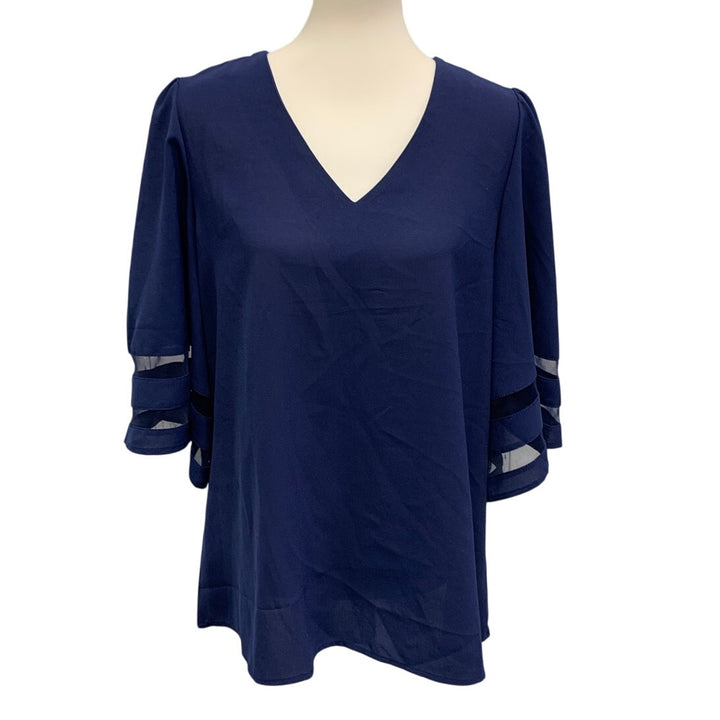 Womens Large Sheer Lightweight Deep V Neck Navy Blue Long Sleeve Top Blouse