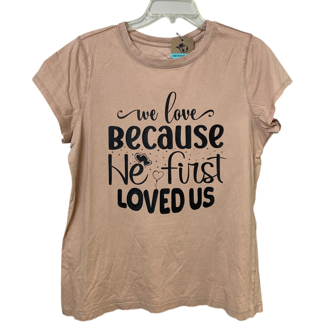 New Hand Printed Womens Large Pink Jesus First Loved Us Short Sleeve Tee Shirt