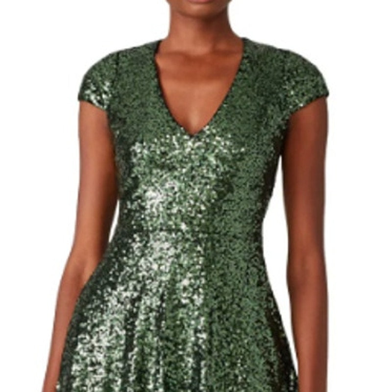 Badgley Mischka Size 8 Green Emerald Sequin Natasha Short Sleeve Mini Dress