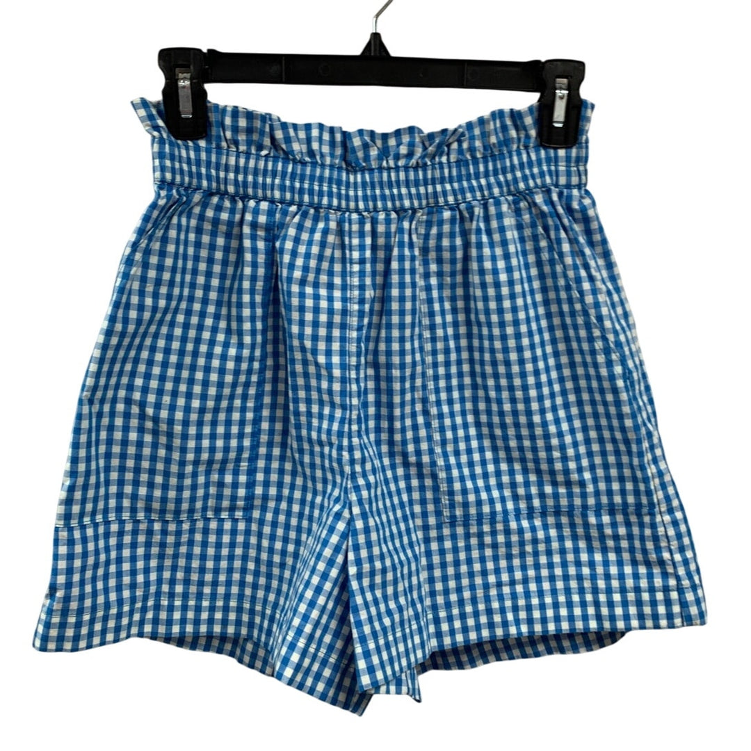 New Aerie Womens Small White Blue Gingham Check Paperbag Elastic Waist Shorts