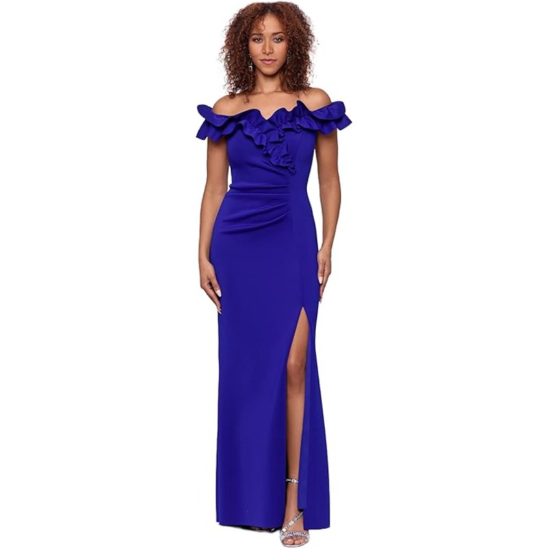 Xscape Womens 14 Scuba Crepe Ruffle Collar Ruched Off The Shoulder Maxi Dress