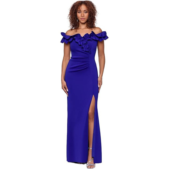 Xscape Womens 14 Scuba Crepe Ruffle Collar Ruched Off The Shoulder Maxi Dress