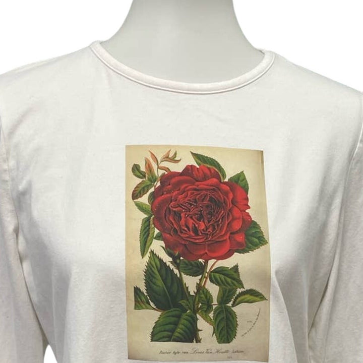 Hand Printed Upcycled Womens Small Vintage Book Page Red Rose Flower Tee Shirt