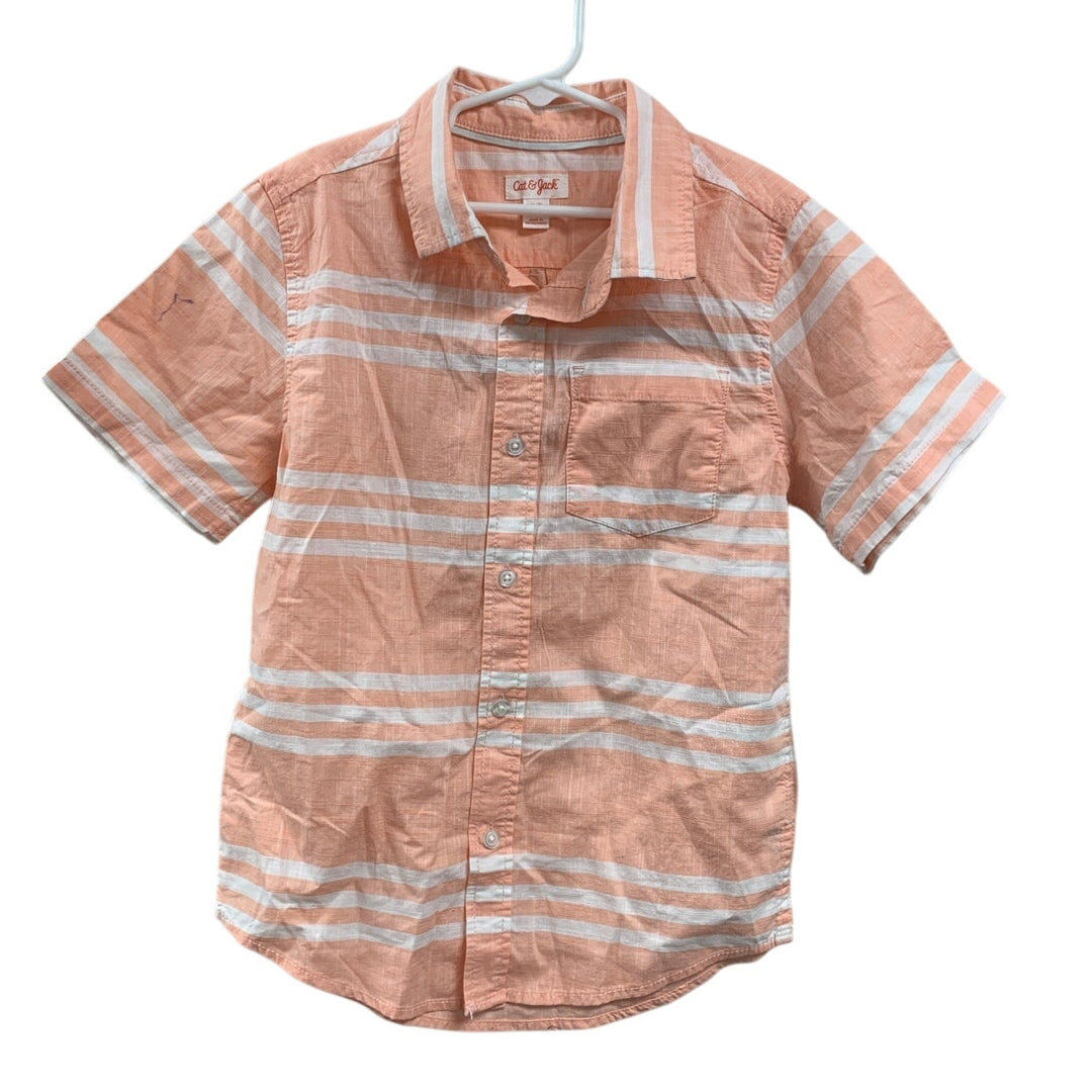 2 New Cat &amp; Jack Boys Medium (8) Short Sleeve Striped Melon Button Up Shirts