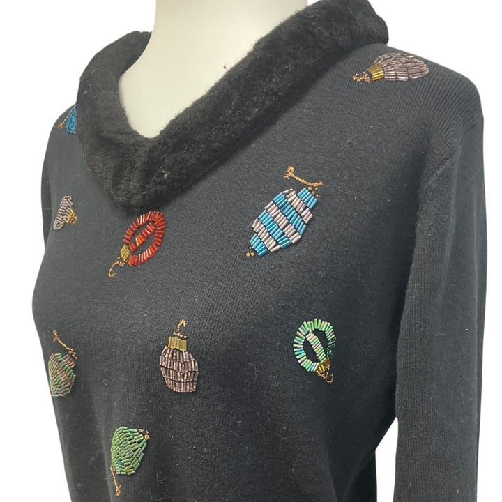Telluride Clothing Co Womens Large Christmas Ornament Beaded Faux Fur Sweater