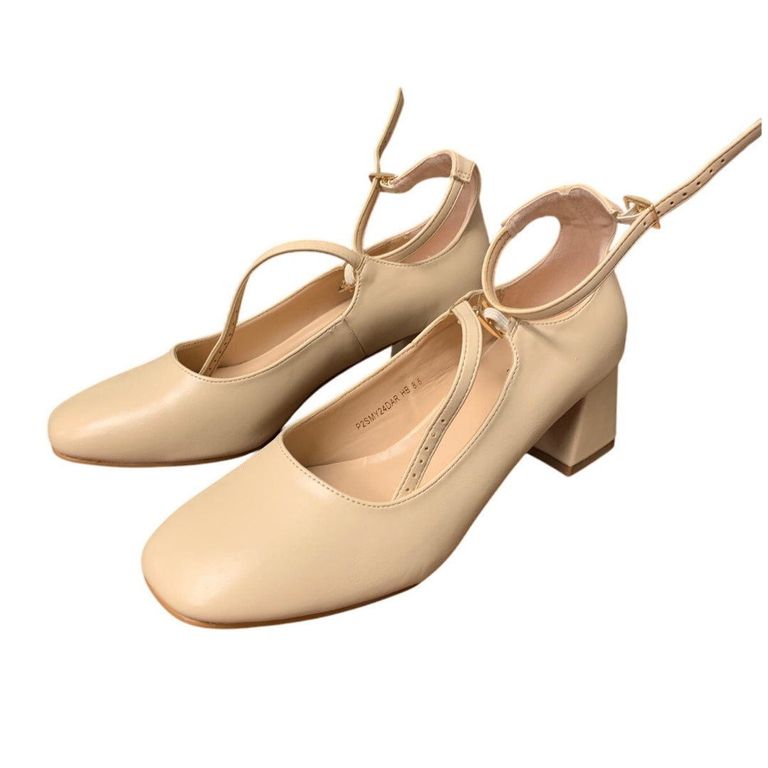 Idifu Womens Size 8.5 Tan Mary Jane 2.25" Block Heel Closed Toe Heel Shoes