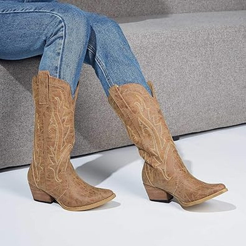 Rollda Womens Size 8 Rugged Brown Embroidered 2" Block Heel Western Cowboy Boots