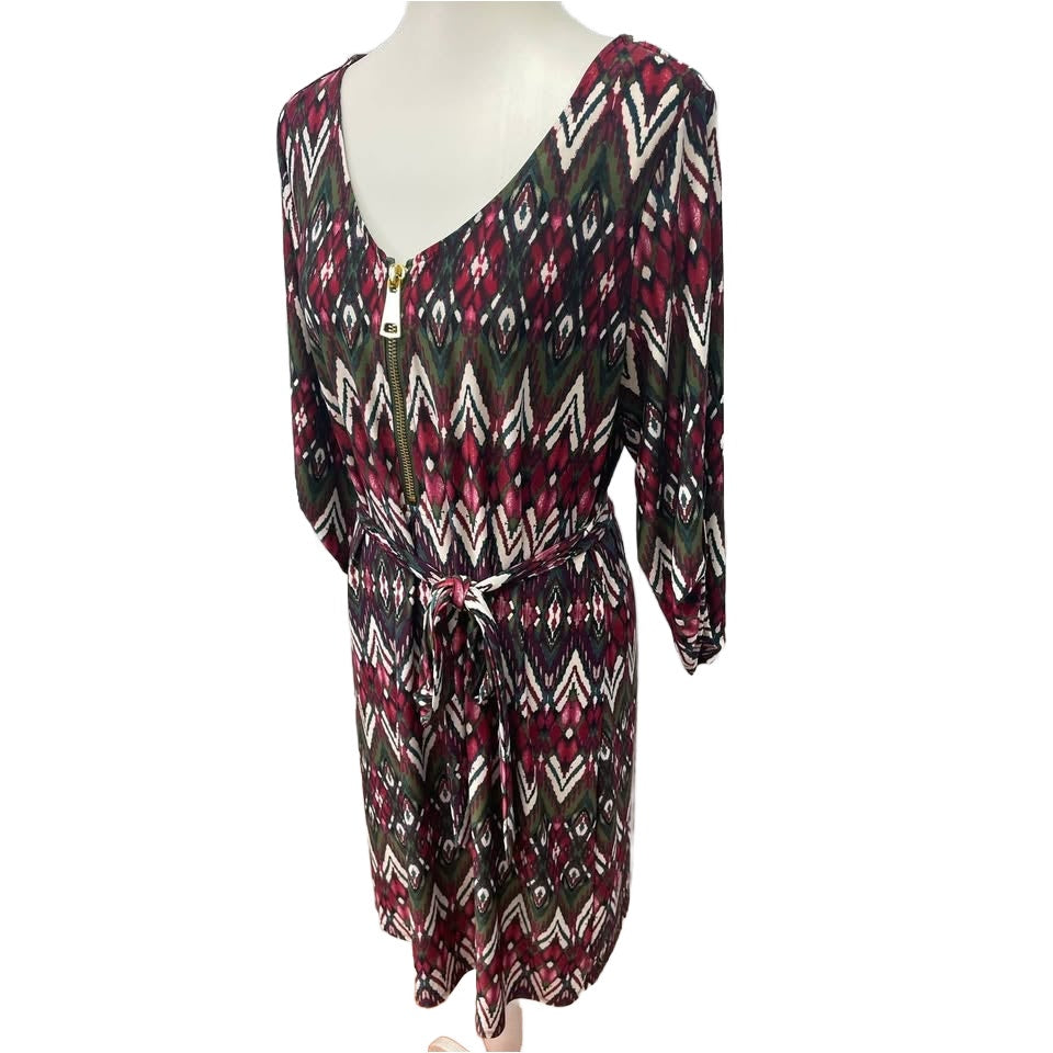 Tacera Womens 1X 3/4 Sleeve Geometric Pattern Belted Midi Lightweight Dress
