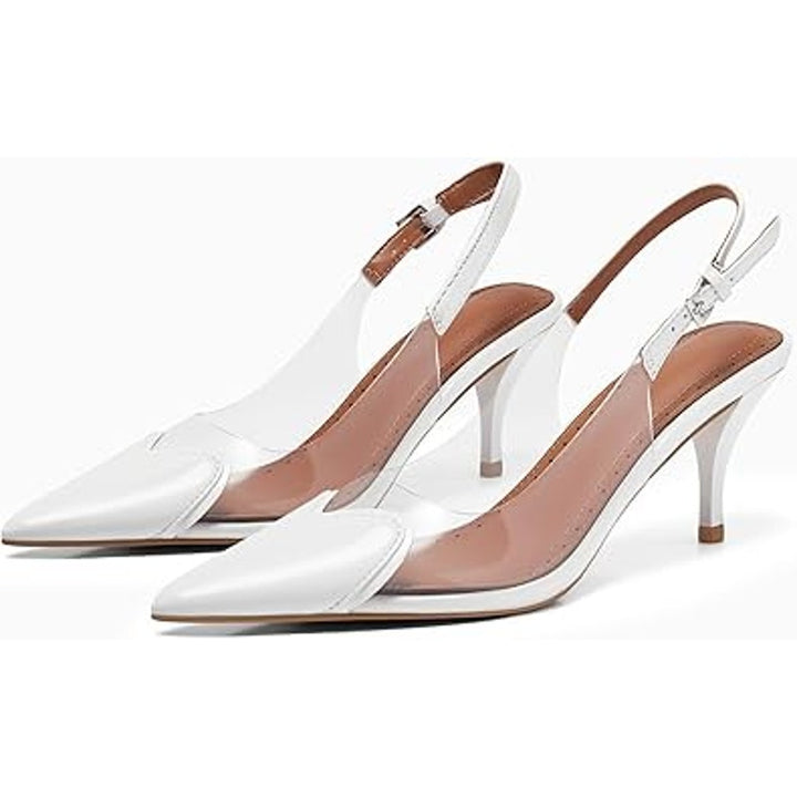 Coutgo Womens Size 7.5 Off White Clear Slingback 3" Heels Closed Heart Toe Shoes
