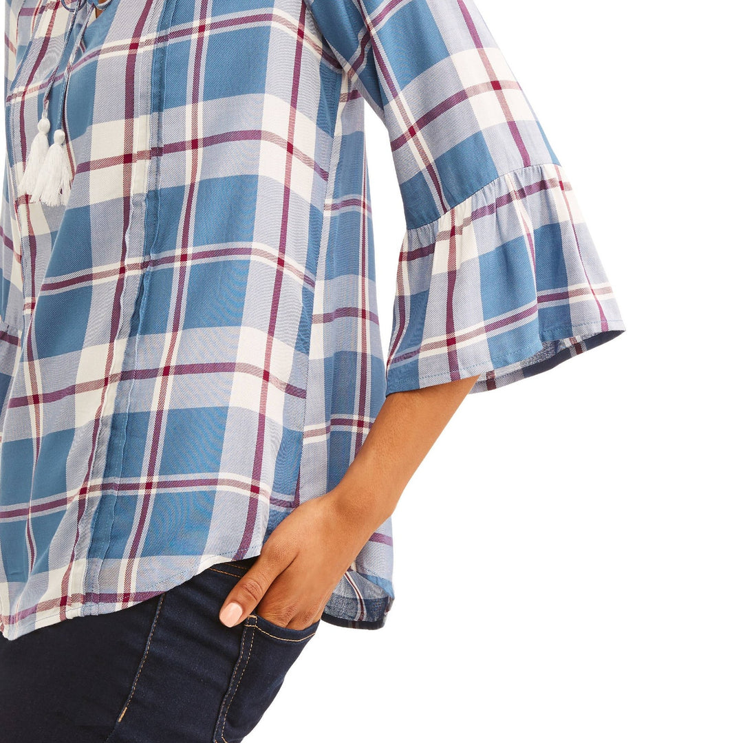 NWT New Como Blu Womens Medium Blue Plaid Half Bell Sleeve Rayon Front Tie Top