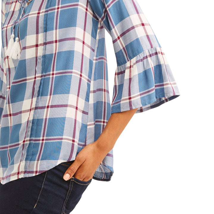 NWT New Como Blu Womens Medium Blue Plaid Half Bell Sleeve Rayon Front Tie Top